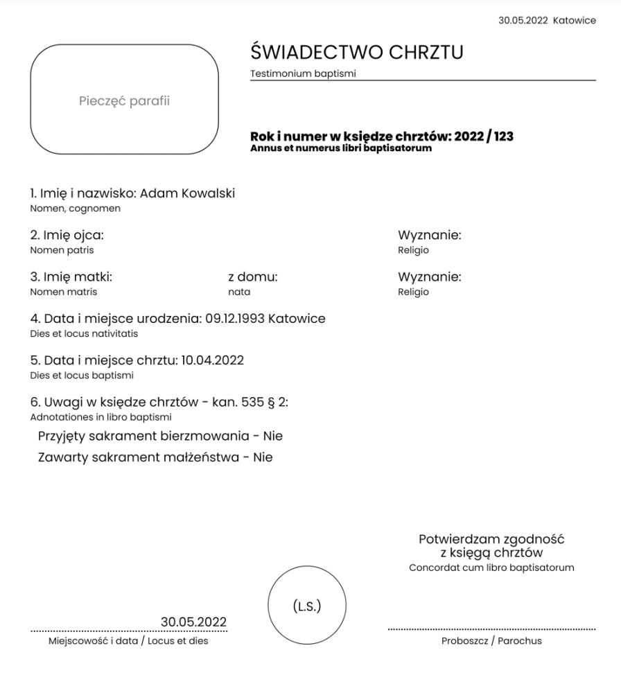 świadectwo chrztu przykład
